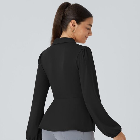 Shawl Collar Wrapped Tie Side Ruffle Hem Work Blouse - Picture 2 of 2